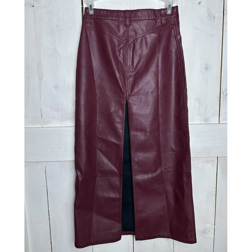 Free People Women's City Slicker Vegan‎ Leather Maxi Skirt Red Wine Size 0 NWT